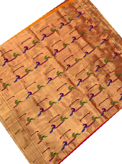 Golden Handloom Paithani Pure Silk Blouse Piece Peacock Design Fabric - Luxurion World