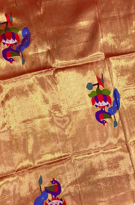 Golden Handloom Paithani Pure Silk Blouse Piece Peacock Design Fabric