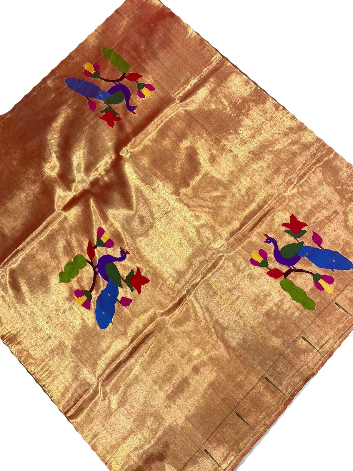 Golden Handloom Paithani Pure Silk Blouse Piece Peacock Design Fabric