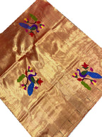 Golden Handloom Paithani Pure Silk Blouse Piece Peacock Design Fabric - Luxurion World