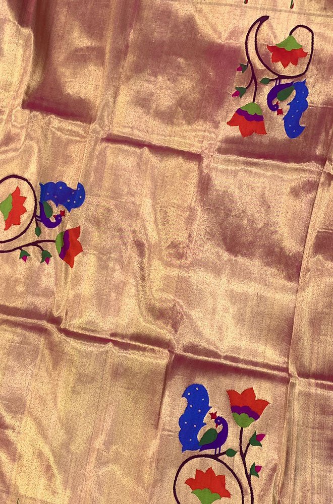 Golden Handloom Paithani Pure Silk Blouse Piece Peacock Design Fabric - Luxurion World