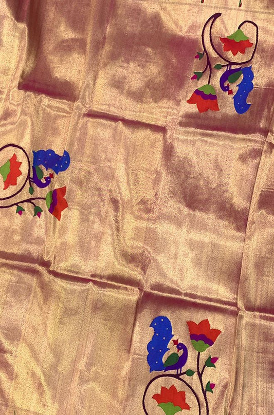 Golden Handloom Paithani Pure Silk Blouse Piece Peacock Design Fabric - Luxurion World