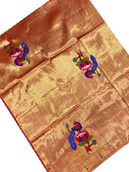 Golden Handloom Paithani Pure Silk Blouse Piece Peacock Design Fabric - Luxurion World