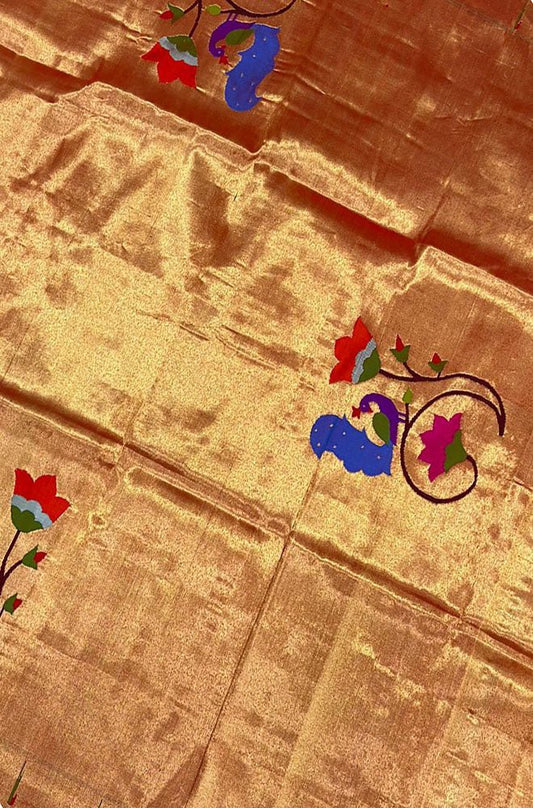 Golden Handloom Paithani Pure Silk Blouse Piece Peacock Design Fabric - Luxurion World