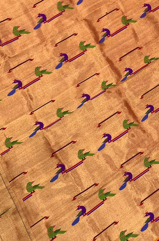Golden Handloom Paithani Pure Silk Blouse Piece Peacock Design Fabric - Luxurion World