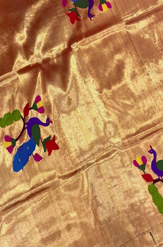 Golden Handloom Paithani Pure Silk Blouse Piece Peacock Design Fabric - Luxurion World
