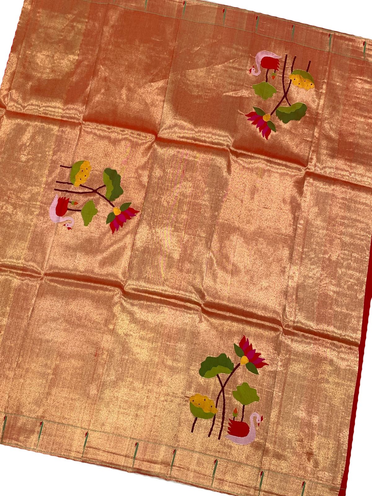 Golden Handloom Paithani Pure Silk Flower Design Blouse Piece Fabric( 1 Mtr ) - Luxurion World