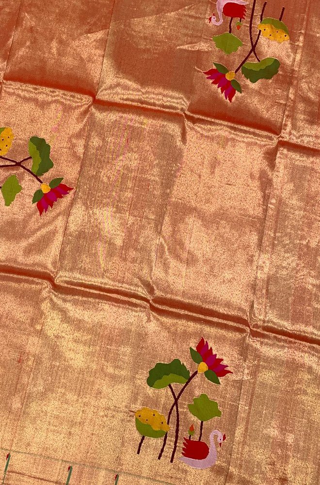 Golden Handloom Paithani Pure Silk Flower Design Blouse Piece Fabric( 1 Mtr )