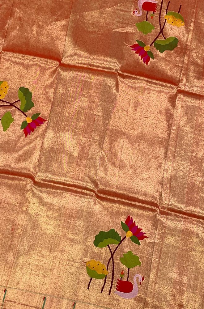 Golden Handloom Paithani Pure Silk Flower Design Blouse Piece Fabric( 1 Mtr ) - Luxurion World