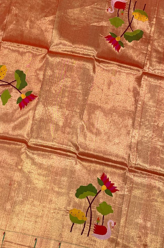 Golden Handloom Paithani Pure Silk Flower Design Blouse Piece Fabric( 1 Mtr ) - Luxurion World