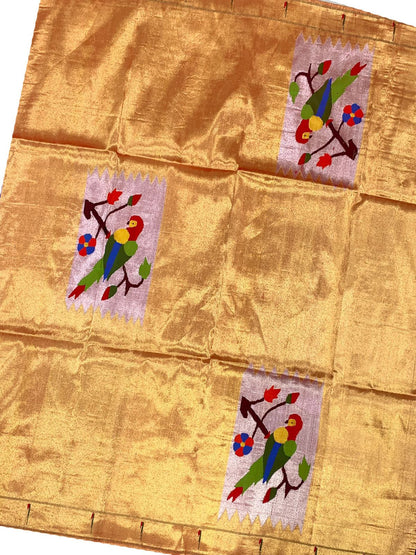 Golden Handloom Paithani Pure Silk Parrot Design Blouse Piece Fabric( 1 Mtr ) - Luxurion World