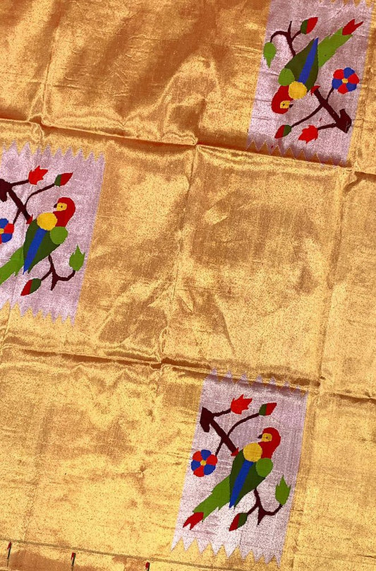 Golden Handloom Paithani Pure Silk Parrot Design Blouse Piece Fabric( 1 Mtr ) - Luxurion World