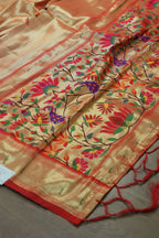 Golden Paithani Brocade Silk Peacock And Floral Design Dupatta - Luxurion World
