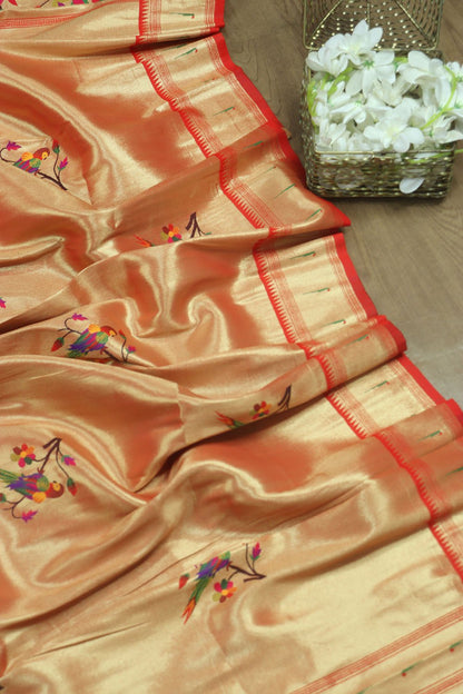 Golden Paithani Brocade Silk Peacock And Floral Design Dupatta - Luxurion World