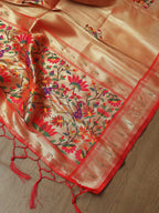 Golden Paithani Brocade Silk Peacock And Floral Design Dupatta - Luxurion World