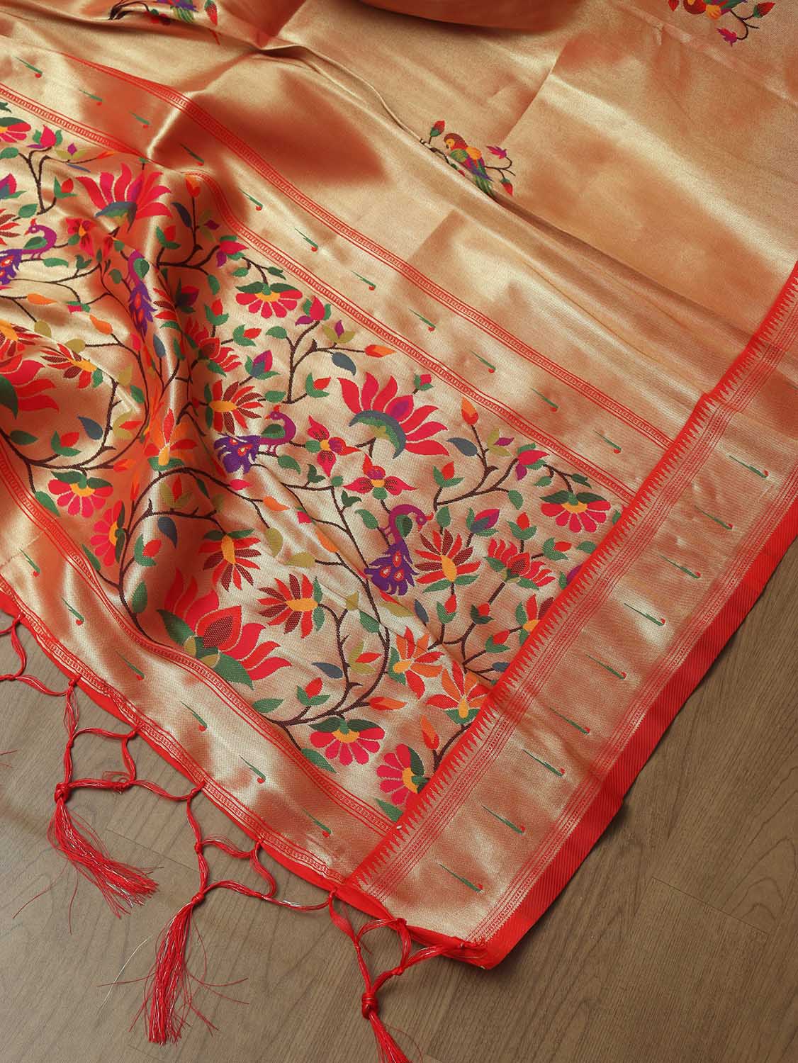 Golden Paithani Brocade Silk Peacock And Floral Design Dupatta - Luxurion World