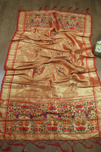 Golden Paithani Brocade Silk Peacock And Floral Design Dupatta - Luxurion World