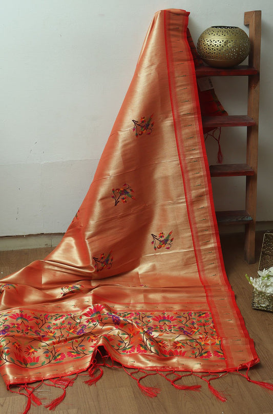 Golden Paithani Brocade Silk Peacock And Floral Design Dupatta - Luxurion World