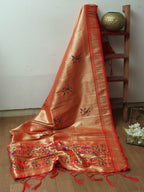Golden Paithani Brocade Silk Peacock And Floral Design Dupatta - Luxurion World