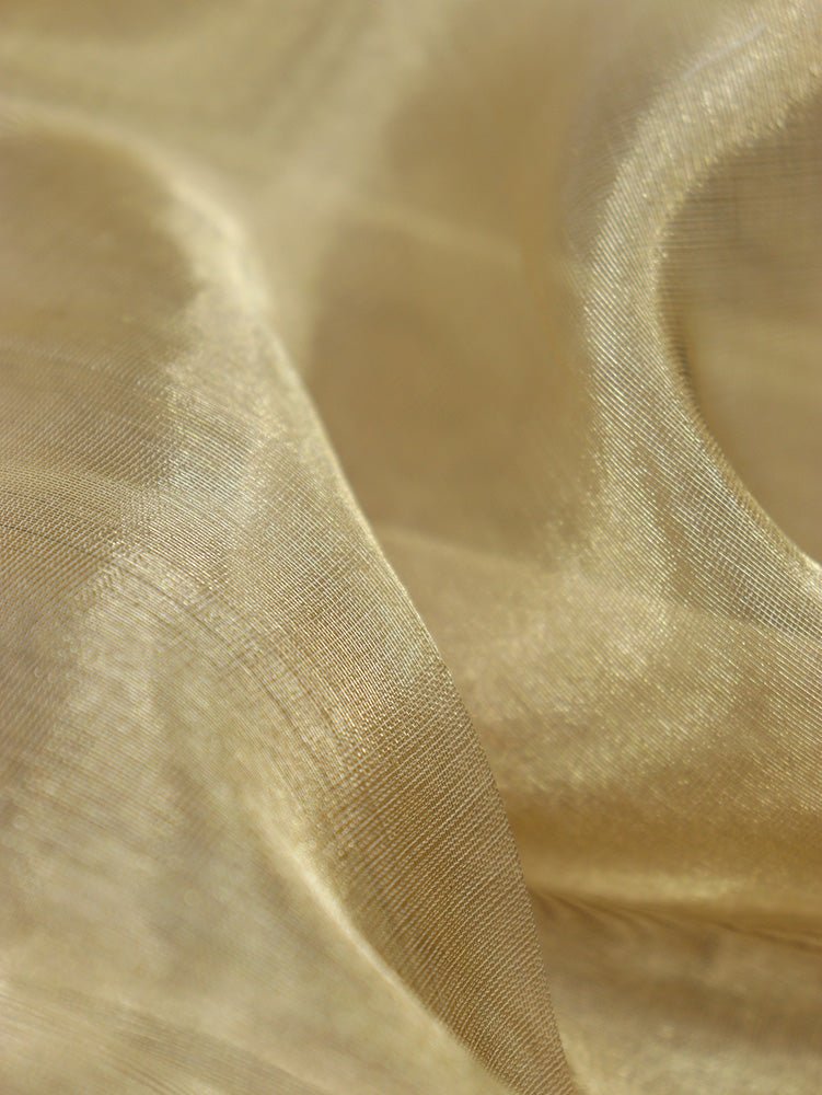Golden Plain Handloom Banarasi Tissue Silk Fabric ( 1 Mtr ) - Luxurion World