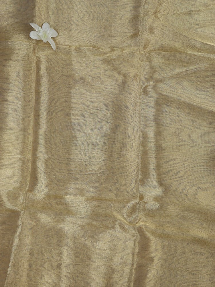 Golden Plain Handloom Banarasi Tissue Silk Fabric ( 1 Mtr ) - Luxurion World