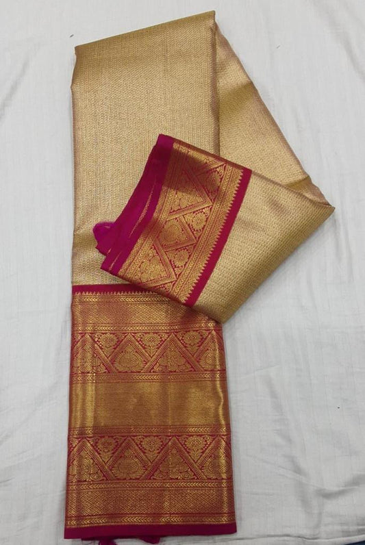 Golden With Pink Border Pure Kanjiwaram Silk Saree - Luxurion World