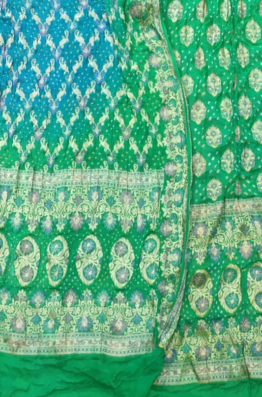 Green And Blue Banarasi Bandhani Pure Georgette Three Piece Unstitched Suit Set - Luxurion World