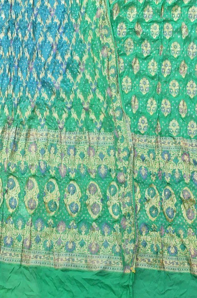 Green And Blue Banarasi Bandhani Pure Georgette Three Piece Unstitched Suit Set Luxurionworld
