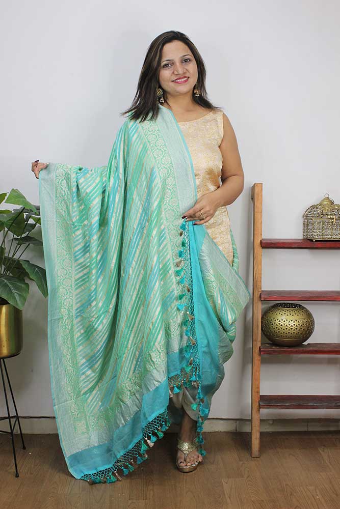 Green And Blue Handloom Banarasi Pure Georgette Brush Dye Dupatta - Luxurion World