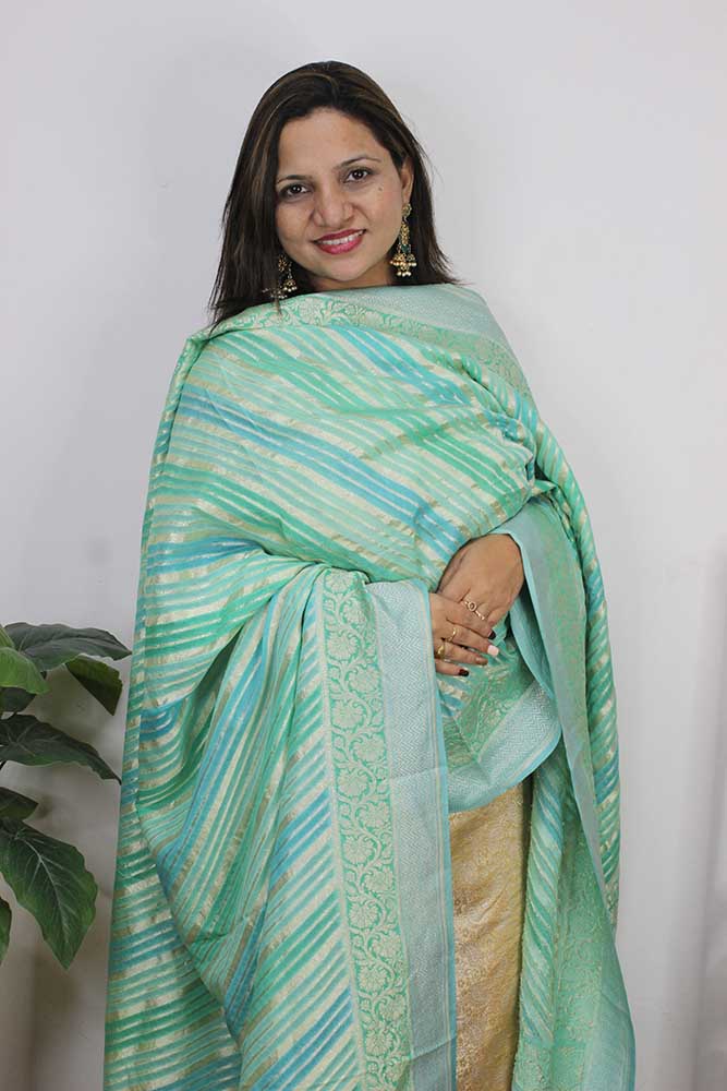 Green And Blue Handloom Banarasi Pure Georgette Brush Dye Dupatta - Luxurion World