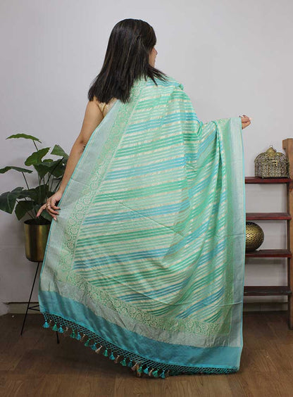 Green And Blue Handloom Banarasi Pure Georgette Brush Dye Dupatta - Luxurion World