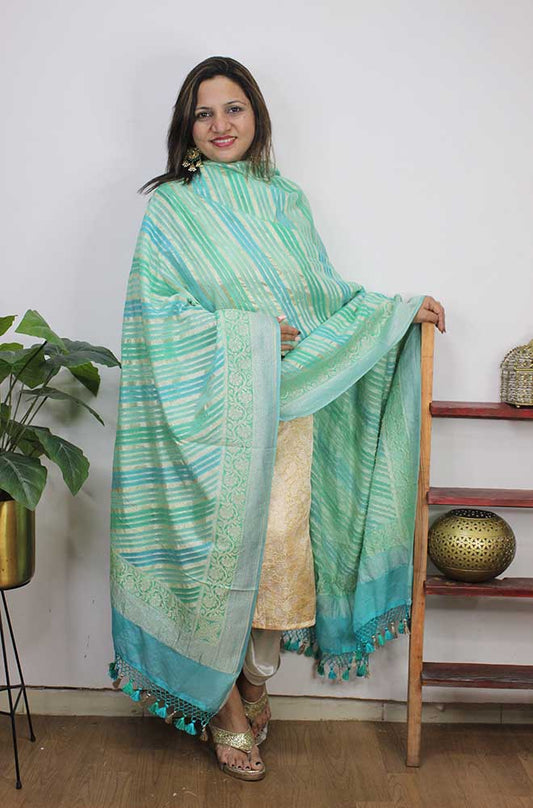 Green And Blue Handloom Banarasi Pure Georgette Brush Dye Dupatta