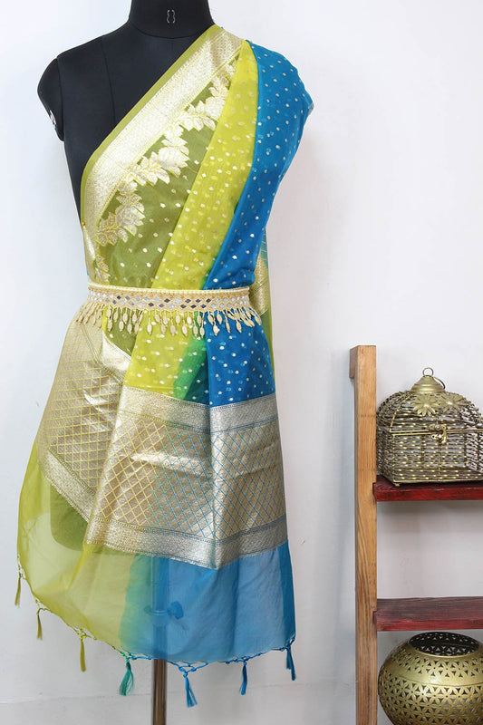 Green And Blue Shaded Banarasi Organza Dupatta - Luxurion World