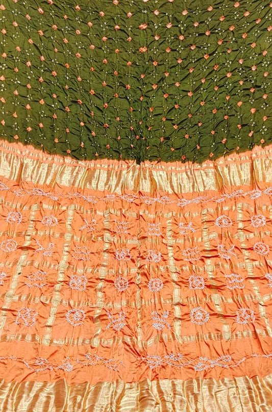 Green And Orange Checks Bandhani Gajji Silk Gharchola Saree - Luxurion World