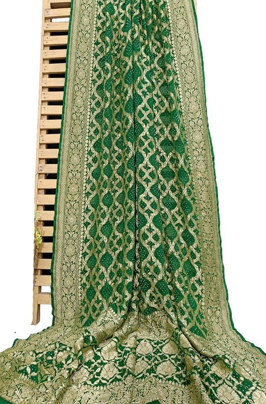 Green Banarasi Bandhani Pure Georgette Neemzari Dupatta - Luxurion World