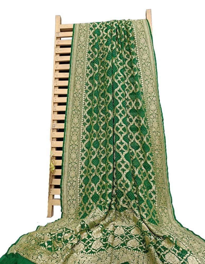 Green Banarasi Bandhani Pure Georgette Neemzari Dupatta - Luxurion World