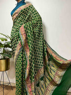 Green Banarasi Bandhani Pure Georgette Neemzari Saree - Luxurion World