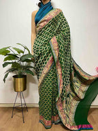 Green Banarasi Bandhani Pure Georgette Neemzari Saree - Luxurion World