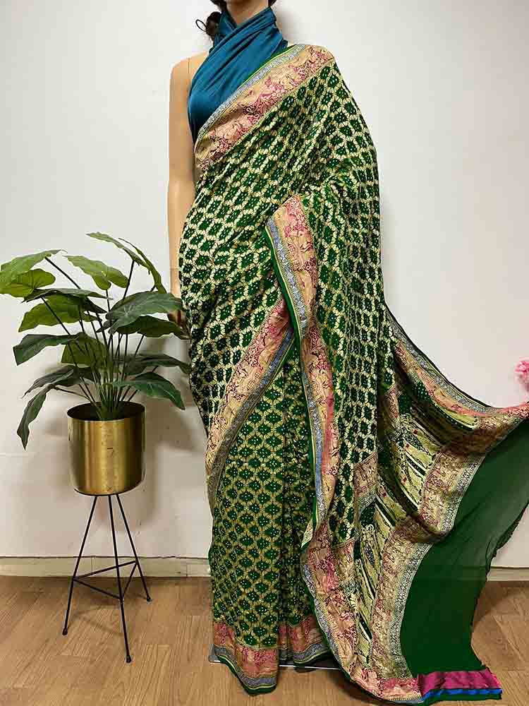 Green Banarasi Bandhani Pure Georgette Neemzari Saree - Luxurion World