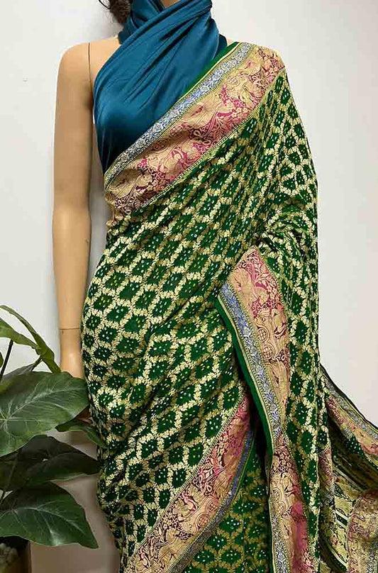 Green Banarasi Bandhani Pure Georgette Neemzari Saree - Luxurion World