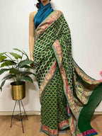 Green Banarasi Bandhani Pure Georgette Neemzari Saree - Luxurion World
