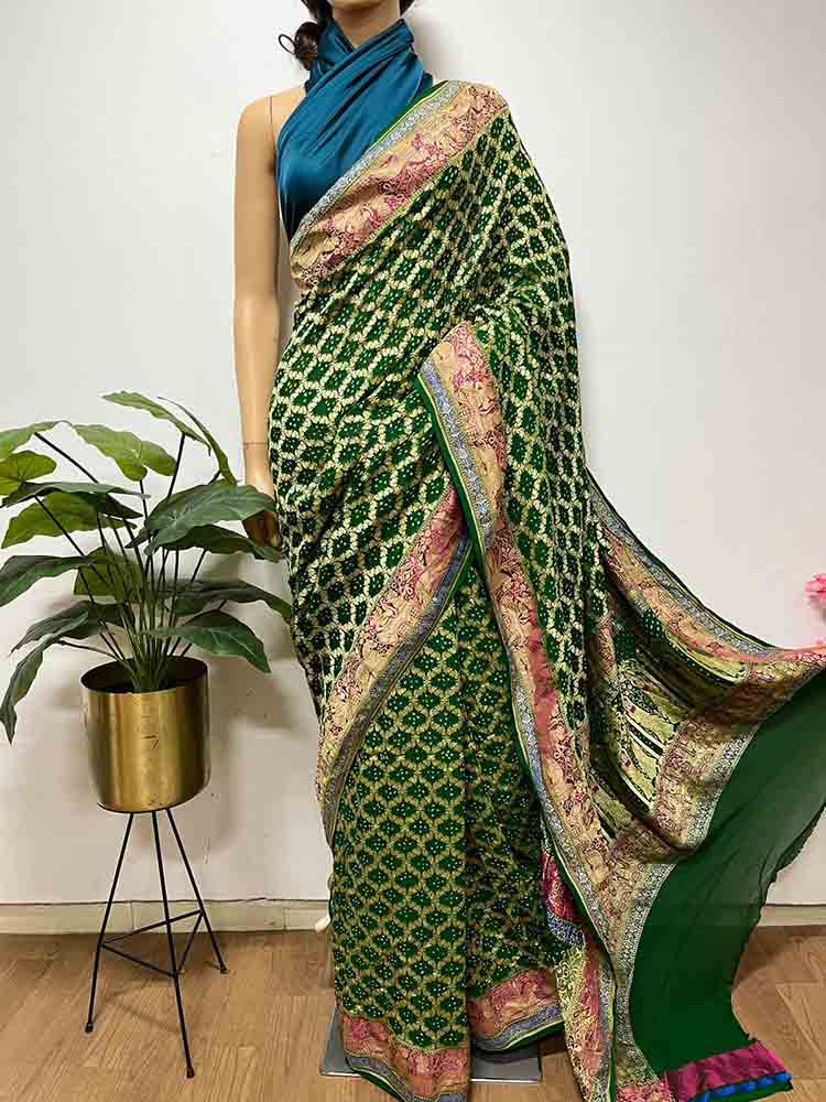 Green Banarasi Bandhani Pure Georgette Neemzari Saree - Luxurion World