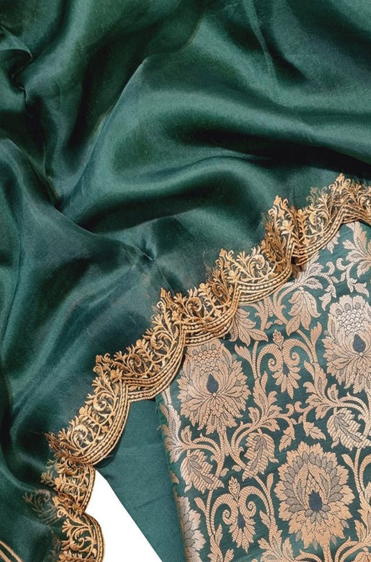Green Banarasi Brocade Silk Three Piece Unstitched Suit Set With Embroidered Dupatta - Luxurion World