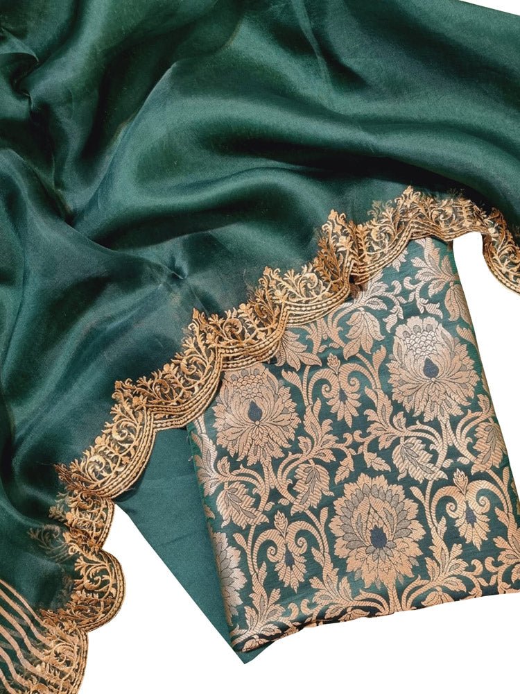 Green Banarasi Brocade Silk Three Piece Unstitched Suit Set With Embroidered Dupatta - Luxurion World
