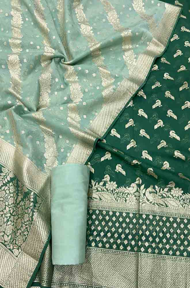 Green Banarasi Chanderi Silk Three Piece Unstitched Suit Set