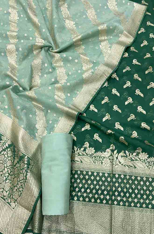 Green Banarasi Chanderi Silk Three Piece Unstitched Suit Set - Luxurion World