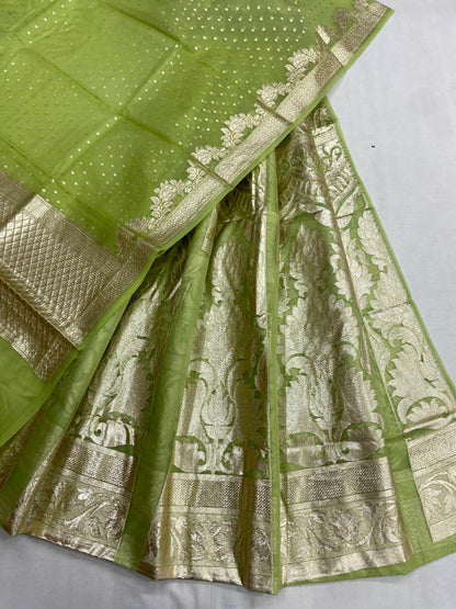 Green Banarasi Chanderi Silk Unstitched Lehenga Set - Luxurion World