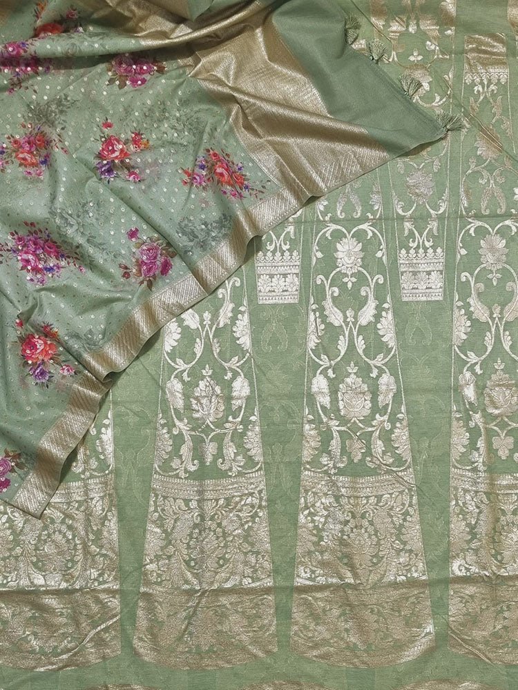 Green Banarasi Chanderi Silk Unstitched Lehenga Set - Luxurion World