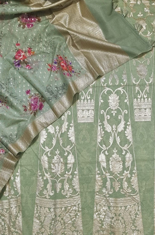 Green Banarasi Chanderi Silk Unstitched Lehenga Set - Luxurion World