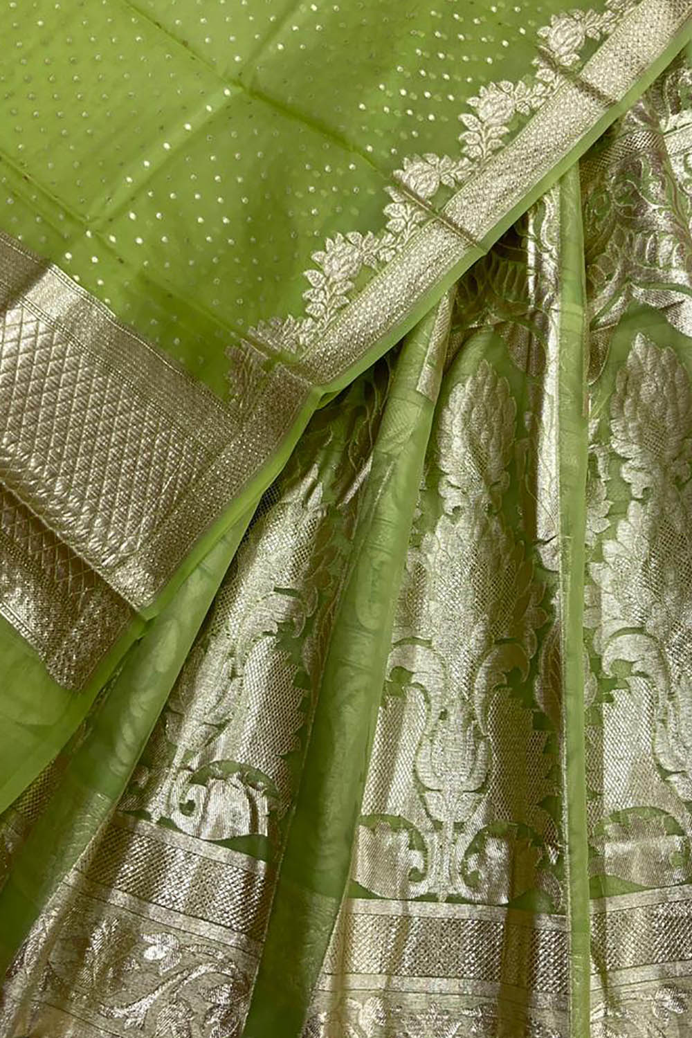Green Banarasi Chanderi Silk Unstitched Lehenga Set